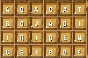 나무 바탕에 각기 다른 글자가 적힌 5x5 격자 퍼즐 이미지