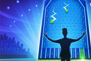 푸른 배경과 조명이 있는 무대에서 사람이 손을 벌리고 있고, 벽에는 여러 핀이 배열된 판 위로 두 개의 녹색 공이 내려오고 있다