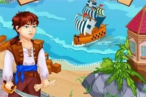 소년이 해변에서 칼을 들고 있으며 배가 바다를 항해하고 있다