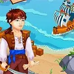 소년이 해변에서 칼을 들고 있으며 배가 바다를 항해하고 있다