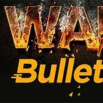 불타는 WAR 텍스트 위에 Bullet 텍스트와 총알 모양 아이콘이 있는 이미지