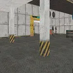 1인칭 시점에서 총을 든 손이 보이며, 산업적인 실내 공간에 여러 인물이 서 있는 장면