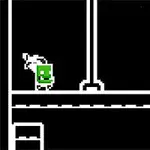 녹색 얼굴을 가진 캐릭터가 검은 배경 위의 흰색 플랫폼을 걷고 있는 모습