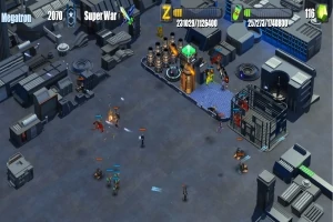 회색 건물들과 구조물이 배열된 도시 환경에서 작은 캐릭터들이 배치된 장면