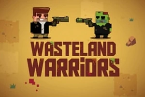 픽셀 아트 스타일의 두 캐릭터가 서로를 향해 총을 겨누고 있고, 아래에 WASTELAND WARRIORS라는 텍스트가 있는 이미지