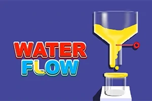 파란 배경에 빨간색과 파란색 글씨로 WATER FLOW가 쓰여 있으며, 노란색 액체가 깔때기를 통해 아래로 떨어지는 모습
