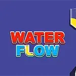 파란 배경에 빨간색과 파란색 글씨로 WATER FLOW가 쓰여 있으며, 노란색 액체가 깔때기를 통해 아래로 떨어지는 모습