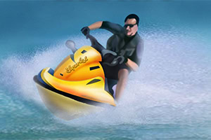 사람이 노란색 제트스키를 타고 물 위를 고속으로 달리는 모습