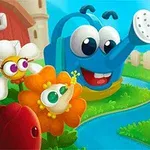 눈이 큰 웃는 물뿌리개와 다양한 표정을 가진 꽃들이 있는 밝고 색감이 풍부한 정원의 모습