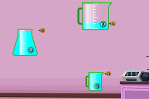 화면에는 핑크색 배경에 세 개의 측량 컵과 실험 장비가 있습니다