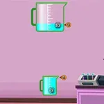 화면에는 핑크색 배경에 세 개의 측량 컵과 실험 장비가 있습니다