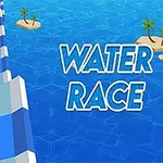 파란색 물길 위에서 초록색 서핑 보드를 탄 빨간색 캐릭터가 경주하는 모습과 WATER RACE라는 문구