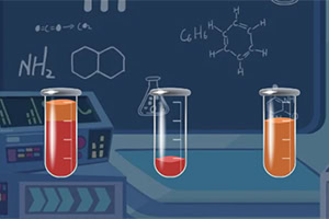 세 개의 시험관이 실험실 배경에서 각각 다른 색의 액체로 채워져 있으며, 뒤에 화학 구조식이 그려져 있다