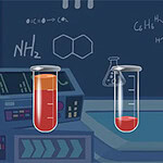 세 개의 시험관이 실험실 배경에서 각각 다른 색의 액체로 채워져 있으며, 뒤에 화학 구조식이 그려져 있다