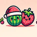 산타 모자를 쓴 수박과 웃고 있는 딸기가 나란히 있는 귀여운 일러스트입니다