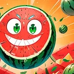 웃는 얼굴이 그려진 수박과 주위에 떠 있는 수박 조각들이 있는 밝고 활기찬 이미지