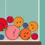 귀여운 얼굴이 그려진 과일 모양의 캐릭터들이 유리 상자에 모여 있는 모습