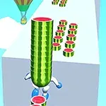 수박 조각들을 쌓아 올리는 캐릭터가 구름 위를 걷고 있으며, 배경에는 열기구가 떠 있는 풍경