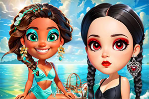 두 명의 만화 스타일 여성 캐릭터가 바닷가를 배경으로 서 있는 모습