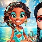 두 명의 만화 스타일 여성 캐릭터가 바닷가를 배경으로 서 있는 모습