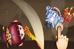 한 손가락으로 두 귀여운 캐릭터가 칼을 들고 싸우는 장면