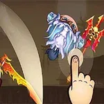 한 손가락으로 두 귀여운 캐릭터가 칼을 들고 싸우는 장면