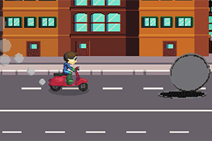 오토바이를 탄 사람이 도시 거리에서 큰 바위와 함께 달리는 모습