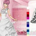 핑크 머리를 한 여성이 웨딩드레스를 입고 있으며, 옆에는 다양한 드레스 컬러 옵션이 있는 디자인이 있는 그림