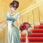 드레스를 입고 꽃다발을 든 여성이 계단 옆에 서 있는 모습