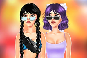 검은 양갈래 땋은 머리에 선글라스와 검은 크롭탑을 입은 여성과 보라색 단발머리에 선글라스와 연보라색 민소매 원피스를 입은 여성이 함께 서 있는 일러스트