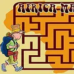 모자를 쓴 탐험가가 아프리카 대륙 모양의 미로 앞에 서 있는 모습