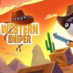 카우보이 모자를 쓴 캐릭터가 총을 들고 서부 사막 배경 앞에 서 있는 장면