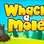 두더지가 흙 더미 위에 있고, 하늘색 배경 위에 Whack a Mole라는 글자가 있으며 나비가 날아다니는 이미지