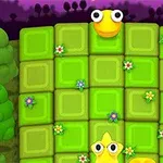 초록색 격자 무늬 바닥 위에 눈이 큰 노란색 오리와 별 모양의 캐릭터가 있는 장면