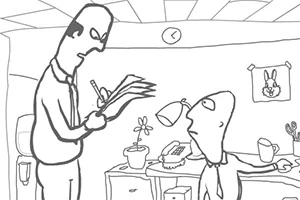 사무실에서 한 남자가 서서 메모를 하고 있고, 다른 남자는 책상에 앉아 있는 장면