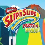 하와이 파티 테마의 만화 스타일 배경, 무지개 슬라이드, 캐릭터가 서핑보드를 들고 있는 장면