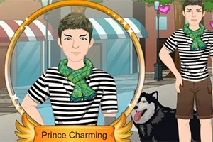 줄무늬 셔츠와 초록색 스카프를 착용한 남성이 개와 함께 거리 배경에 서 있는 모습