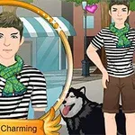 줄무늬 셔츠와 초록색 스카프를 착용한 남성이 개와 함께 거리 배경에 서 있는 모습