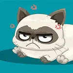 화가 난 표정의 만화 스타일 고양이가 푸른 배경 위에 그려져 있습니다