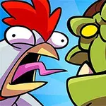 만화 스타일의 닭과 오크가 서로 대치하는 모습