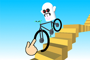 하얀 유령 모양의 캐릭터가 계단을 자전거로 내려가는 모습