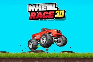 빨간색 픽업 트럭이 거대한 바퀴로 잔디 위를 도약하는 장면