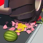 커다란 차량 바퀴가 분홍색과 노란색 과일 조각을 으깨고 있는 모습