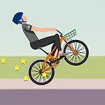 파란 헬멧을 쓴 사람이 별 모양 효과가 나타나는 주황색 자전거를 탄 모습