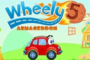 붉은 색의 귀여운 자동차가 있는 애니메이션 스타일의 배경에 Wheely 5 Armageddon 이라는 텍스트가 쓰여 있다
