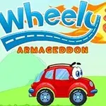 붉은 색의 귀여운 자동차가 있는 애니메이션 스타일의 배경에 Wheely 5 Armageddon 이라는 텍스트가 쓰여 있다