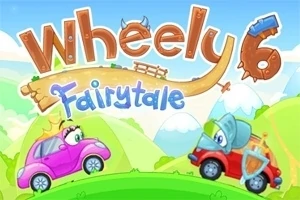 두 대의 귀여운 자동차가 동화 같은 배경의 언덕 위에 있고 Wheely 6 Fairytale라는 글자가 위에 있음