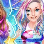 다채로운 머리색과 별 모양 얼굴 페인팅이 있는 두 여성이 웃고 있는 모습