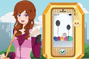 오렌지색 테두리의 휴대전화와 풍선 모양이 있는 화면을 배경으로, 갈색 머리의 여성이 스마트폰을 들고 있는 모습