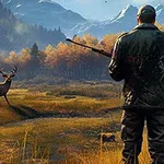 사슴을 향해 총을 든 사냥꾼이 숲 속에 서 있는 모습